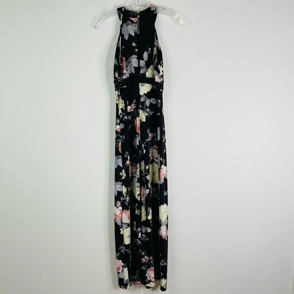 Black cream pink floral stretchy mesh halter evening wedding maxi dress small - Picture 7 of 7